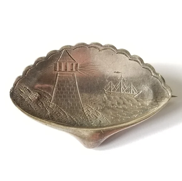 Antique brooch Victorian lighthouse and ship Sterling Silver seashell mermaid - Picture 6 of 16